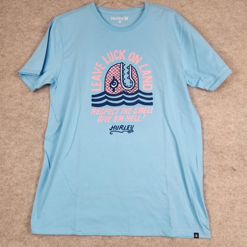 New Hurley Men's Light Blue Fishing T-Shirt Size Medium  Athleisure Fishing